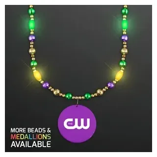 Glam Mardi Gras Beads LED Necklace with Purple Medallion